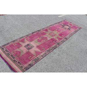 Tapis turc vintage Herki en laine 2,9x11,3 pieds, écologique, patchwork, avec support en latex, rose, gris, floral - Product Image 2