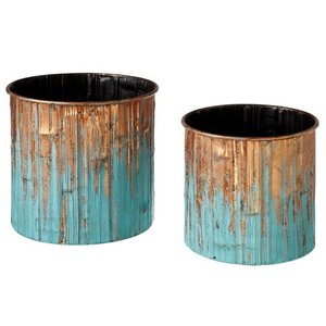 Patina de metal redonda galvanizada gris Maceta y soporte para maceta con asa para decoración interior y exterior de granja - Product Image 6