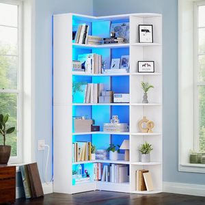 Scaffale Angolare Moderno Bianco Personalizzato con Illuminazione, Vetrina a <span class=keywords><strong>L</strong></span> con Bordo Curvo, Libreria Organizzatore per Soggiorno - Product Image 1