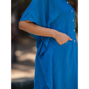 Zephyr Solid Blue Chiffon <b>Maxi</b> Kaftan <b>Dress</b> Plus-Size Puff Sleeve - Product Image 3