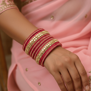 Rose Pink <b>Mirror</b>-Studded Lac Fashion Bangle Set of 8 - Product Image 1