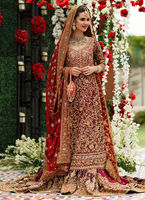 Robe de mariée élégante Farshi, tenue de mariage pakistanaise, confectionnée en tissu 100% soie chiffon, silhouette Empire, motif cristal