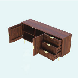 Meuble TV moderne en bois massif Console multimédia en bois foncé avec portes cannelées et pieds dorés pour la maison, le salon ou les villas - Product Image 1