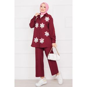 Ensemble 2 pièces en lin brodé de fleurs Bordeaux - Product Image 1