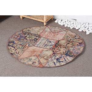 Tapis en Laine Traditionnel Vintage Beige Bleu Patchwork Motif 3.4X3.4 pieds Taille pour Décorations de Salon Latex Style Turc - Product Image 3