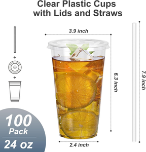 Gobelets en plastique transparent biodégradables et écologiques de 24 oz avec couvercles et pailles, robustes, sans danger pour les aliments, jetables pour café glacé et smoothies - Product Image 5