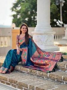 Diseñador Paithani Seda Saree Con Zari Tejido Meenakari Motivos Diseño - Product Image 4