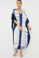 Robe Kaftan en Viscose Tie-Dye Blanc Marine 100% Biologique Écologique Bohème Chic Longueur Maxi Silhouette Ample Sexy Respirante Simple