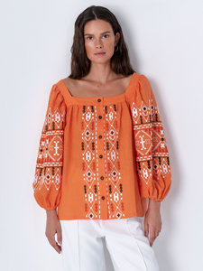 Top de manga larga con bordado Floral y cuello cuadrado, Top de fiesta naranja a la moda - Product Image 5