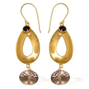 Pendientes Largos de Amatista en Forma de Lágrima Chapados en Oro para Mujer, Accesorio de Moda - Product Image 1