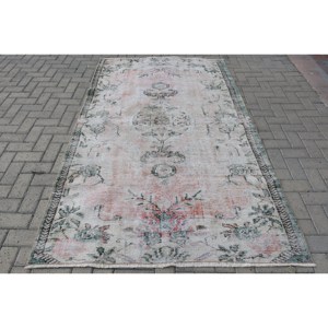 Alfombra clásica de lana de retazos Rosa verde 5,8X7,8 pies estilo Tabriz turco hecho a mano para sala de estar patrón de rayas rectangulares látex - Product Image 1