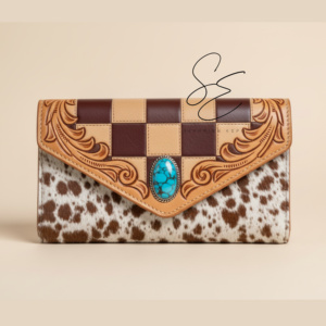 Trending Checkered Design Clutch with Detachable <b>Wristlet</b> Hair On Genuine Leather Wallet Handcrafted Embossed Leather Purse - Product Image 3