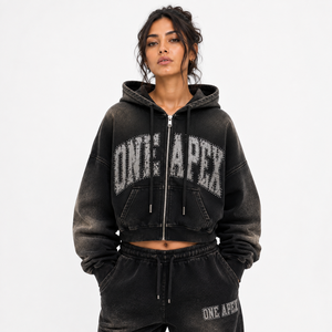 Custom <b>Women</b> Oversized Cropped Zipper Hoodie <b>Black</b> Acid Wash Heavyweight Cotton Streetwear <b>Sweatshirt</b> OEM ODM - Product Image 1
