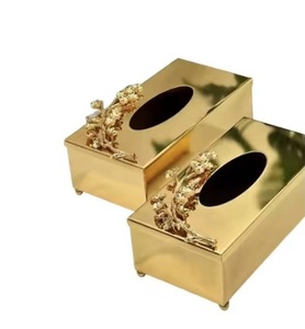 Boîte à mouchoirs en forme de rectangle de luxe faite à la main fleur attachée en métal avec support fini or Logo personnalisable pour revendeur - Product Image 1