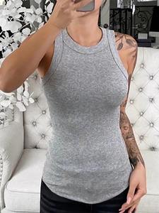 Camiseta sin mangas acanalada con cuello redondo liso para mujer, camiseta sin mangas elástica básica de verano para mujer, camiseta sin mangas sólida con cuello redondo - Product Image 6