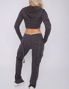 Alta calidad 100% algodón manga larga Crop Top Zip Up Sweatsuits Heavyweight transpirable Hip Hop pantalones de chándal y conjunto con capucha - Product Image 6