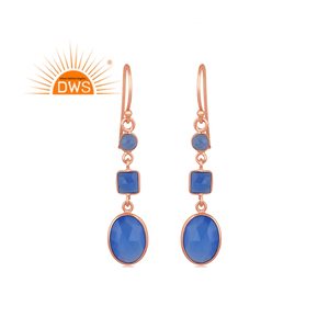 Pendientes Colgantes de Plata de Ley Fina con Baño de Oro Rosa y Calcedonia Azul Natural, los Más Vendidos, Fabricación de Joyería Personalizada - Product Image 1