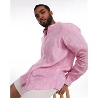 Camisa de Lino/Algodón para Hombre, Cómoda, Premium, Casual, Transpirable, Color Fucsia Sólido, con Cuello Abotonado y Manga Larga, de Imperio Shop