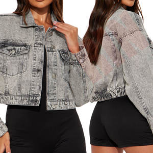 แจ็กเก็ตผ้าฝ้าย100% น้ำหนักเบาสำหรับผู้หญิงเสื้อครอปสีเทาแบบมีกระดุมด้านหน้ามีกระเป๋าใส่โลโก้ได้ตามต้องการกันลม - Product Image 5