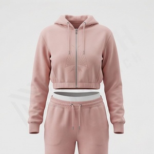 Conjunto Deportivo de 2 Piezas para Mujer al por Mayor, con Logotipo Personalizado, 100% Algodón, Transpirable, Top Corto, Sudadera con Cremallera y Pantalones Jogger de Alta Calidad - Product Image 1