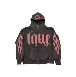 Vente en gros de sweats à capuche délavés vintage pour hommes, surdimensionnés personnalisés à la mode avec broderie de détresse et fermeture éclair pour l'automne - Product Image 3