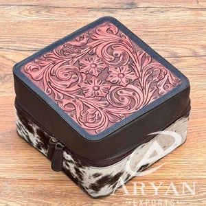 Hot Sale Hand Tooled Leather Stylish <b>Makeup</b> Cosmetic <b>Storage</b> Box Handmade <b>Makeup</b> Box Cowhide Fur Vanity Bathroom Organizer Box - Product Image 1