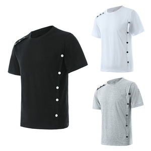 OEM imprimé sur mesure T-shirt manches courtes multi-boutons de couleur unie décontracté d'été de taille européenne pour hommes avec broderie vierge - Product Image 4