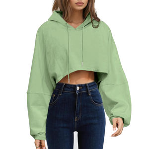 Otoño Invierno ropa mujer tela suave Crop Top sudaderas con capucha en Color sólido manga larga Casual algodón Crop Top Sudadera con capucha para mujer - Product Image 1