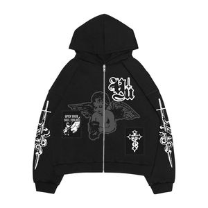 Sweat à capuche pour homme, style streetwear, coupe ample et carrée, en maille épaisse, délavé à l'acide, effet vieilli, avec fermeture éclair, orné de strass et de diamants, style vintage, pour l'été - Product Image 5