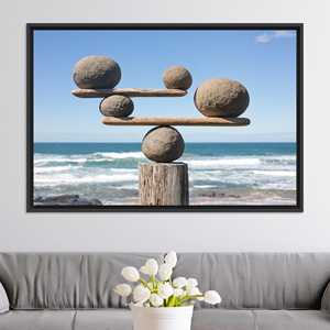 Impression sur toile Zen Stone Balance Coastal : Art de la roche méditative sur la plage, TOILE ENCADRÉE NOIRE - Product Image 1
