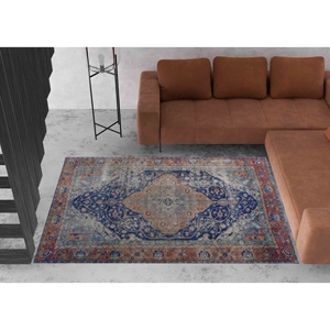 Tapis turc bleu marine : style bohème, lavable en machine, tapis imprimé, tapis à poils doux - Product Image 2