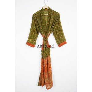Robe de chambre kimono longue à manches longues en soie à imprimé floral vintage élégante pour femmes, col en V, cordon de serrage, patchwork de haute qualité, été - Product Image 1