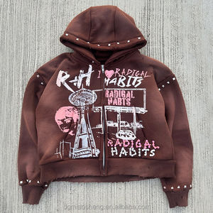 Sweat à capuche zippé surdimensionné personnalisé OEM pour homme, style streetwear, avec strass, rivets, imprimé numérique, effet vieilli et délavé à l'acide vintage - Product Image 6