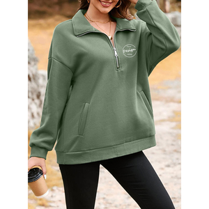 เสื้อกันหนาวมีซิป1/4ผ้าฝ้ายเฮฟวี่เวทสำหรับผู้หญิงมีฮู้ดคอโปโลขนาดพิเศษออกแบบลายนูนออกแบบได้ตามต้องการสำหรับฤดูหนาว - Product Image 1