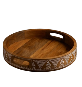 Plateau de service rond personnalisé en bois foncé pour fruits, nourriture, dîner, café, thé, plateau de service de table - Product Image 1