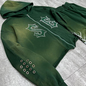 Conjunto de sudadera y pantalón de chándal de algodón 100% con efecto desgastado, bordado, de secado rápido para otoño, con lavado ácido, pantalón de chándal holgado y cremallera con pedrería - Product Image 4