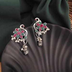 High Quality Traditional Jhumki Style Oxidised Peacock Stud Earrings Geometric Pattern <b>Indian</b> Supplier Wholesale Jewelry - Product Image 2