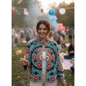 Samarkand Bloom Outerwear Hand-Embroidered Suzani <b>Jacket</b> in Sage Green with <b>Coral</b> Pomegranates Ready for Spring - Product Image 6