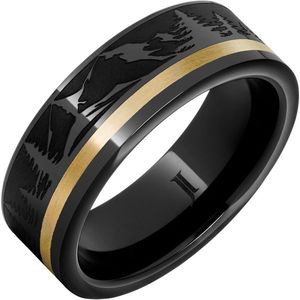 Bague en céramique diamant noir avec incrustation en or 14 carats et gravure Forêt de pin montagneuse, bijou en pierre précieuse de clarté SI pour mariages - Product Image 1