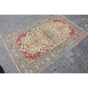 Turkish Accent Rug 3.7x6 ft, <b>Red</b> Ikat Vintage <b>Wool</b> Rug - Product Image 3
