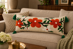 Funda de Cojín Lumbar de Algodón Bordada con Flores Naranjas Estilo Boho, Funda de Almohada Larga Artesanal con Borlas en las Esquinas para Decoración de Cama - Product Image 5