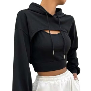 Sudadera corta de manga larga con cordón de algodón transpirable, suéter con hombros caídos, sudaderas con capucha para mujer - Product Image 1