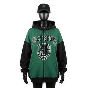 Sweat à capuche zippé pour femme, 330 GSM, coton et polyester, design bicolore vert et noir, broderie, logo personnalisé, sweat à capuche zippé basique - Product Image 1