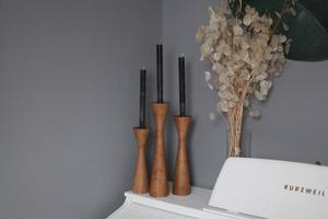 Rustic carved <b>pillar</b> <b>candle</b> holder from natural wood with vertical scrollwork patterns, available at wholesale prices - Product Image 2