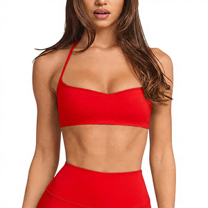 Women's Pink Halter Neckline Seamless Sports Bra Medium Support Yoga Workout Top V-Neck Strap Solid Color - Product Image 5