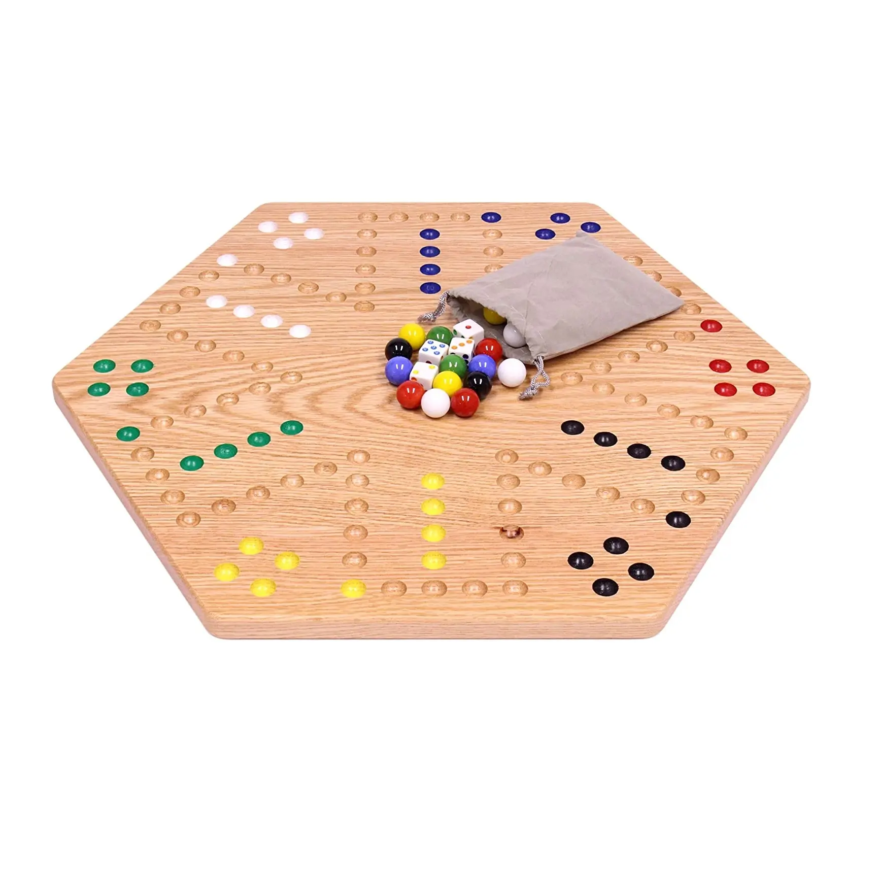 Wahoo Marble Game Board Set - 20" Wide - Solid Oak Wood - Double-Sided - with Large 18mm Marbles and Dice
