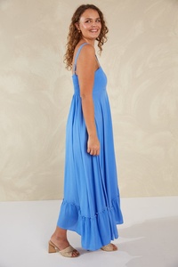 Venta caliente cómodo suelto azul Maxi vestido playa viaje traje para mujeres vacaciones Casual algodón cuello cuadrado fumar Maxi vestido - Product Image 4