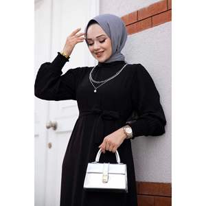 Vintage Floral Embroidered Hijab <b>Dress</b> Pleated Sleeves <b>Black</b> Floor-Length Woven <b>Dress</b> Romantic Style Natural Waistline Fashion - Product Image 1