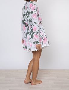 Newly Bohemian V-neck <b>Long</b> Sleeve Paisley Green Pink Printed 100% Cotton Dress Shirt Style Blouses <b>Slip</b> Included Drawstring - Product Image 2