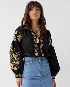 Femmes nouveau brodé à la main paillettes lavable à manches longues col en v a-ligne chemisier ukrainien ethnique Design moderne pour le travail/fête - Product Image 5